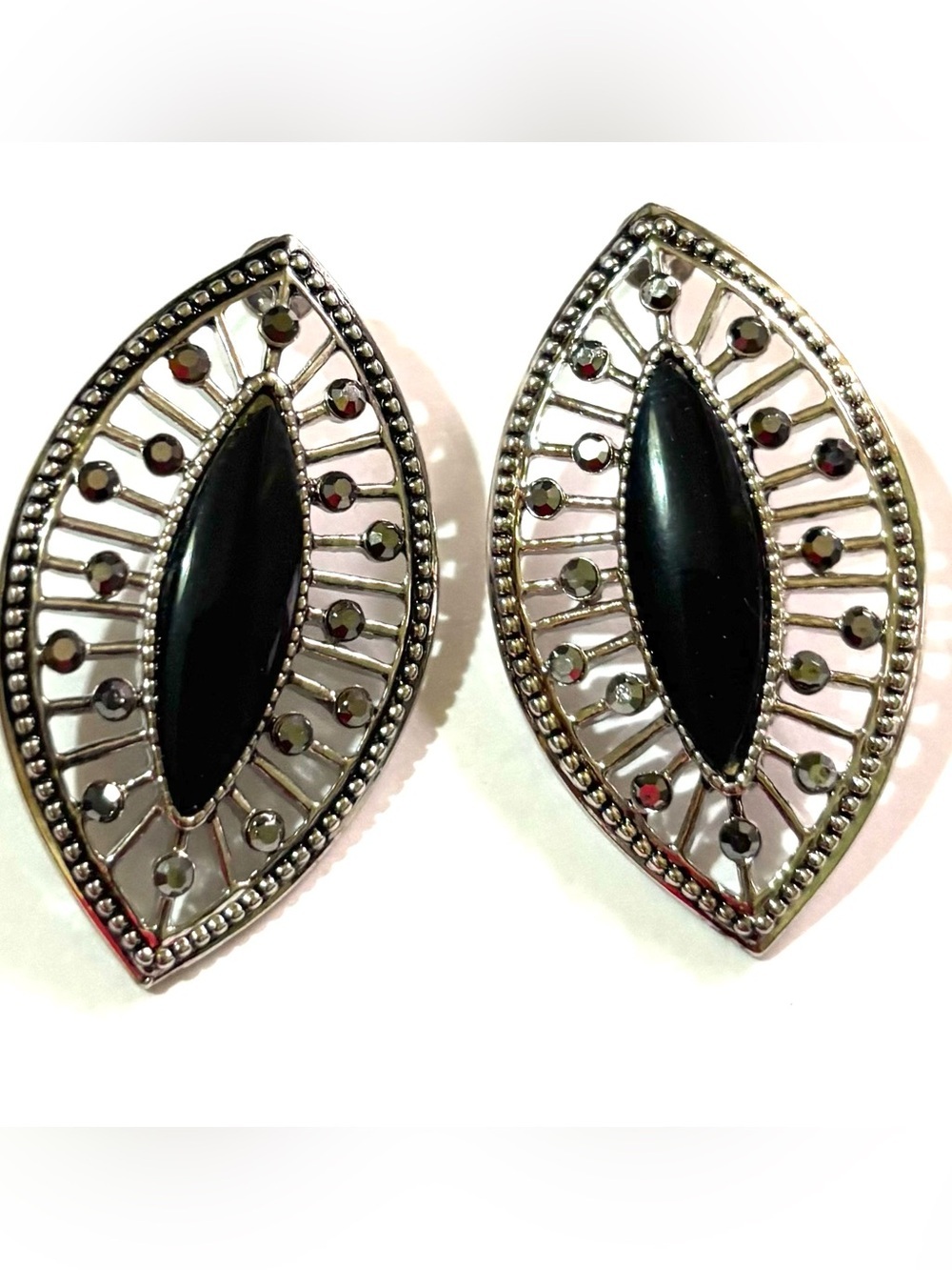 Vintage Black and Silver Marquise Filigree Earrings - Vintage